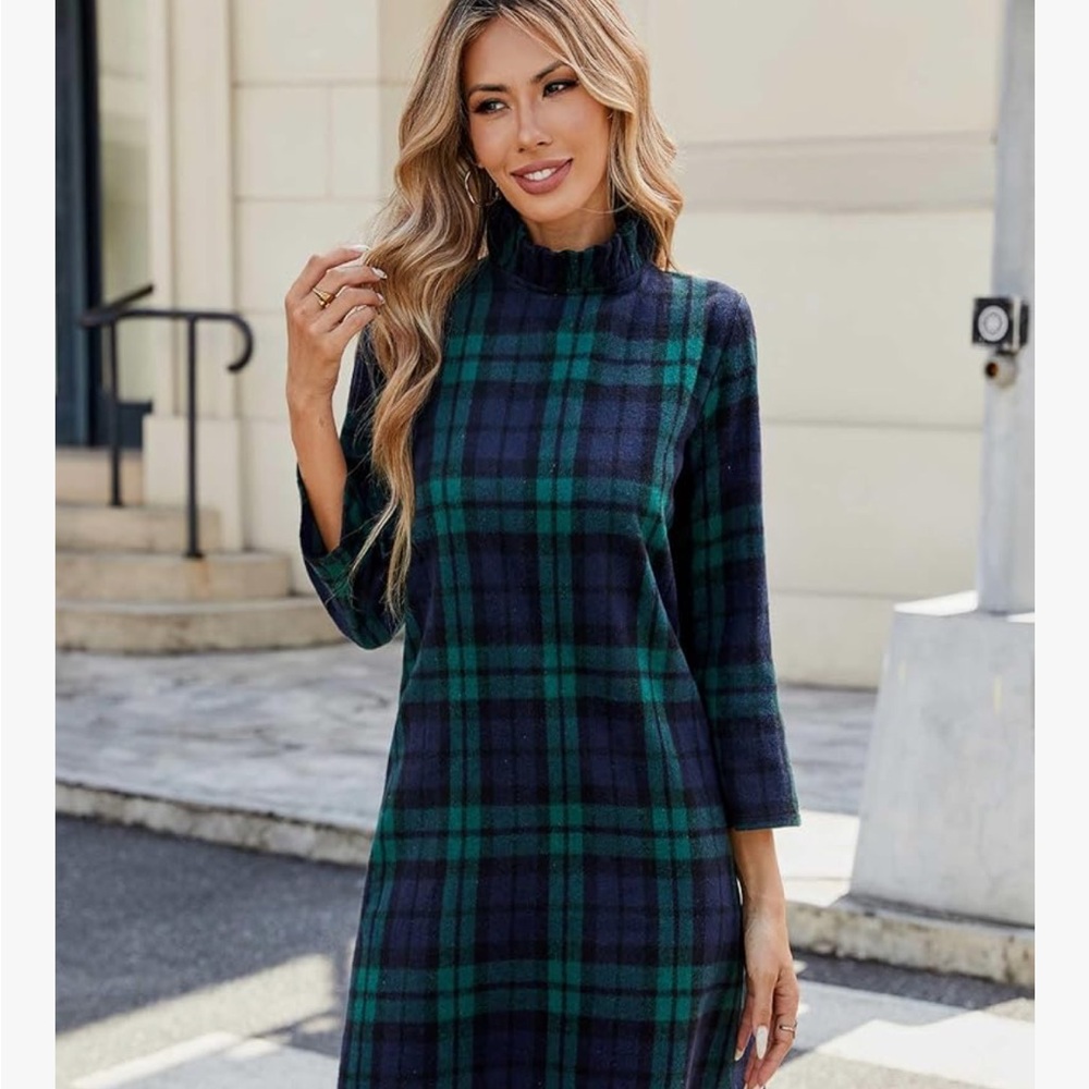 Amazon Plaid Long Sleeve Dress in Green and Blue